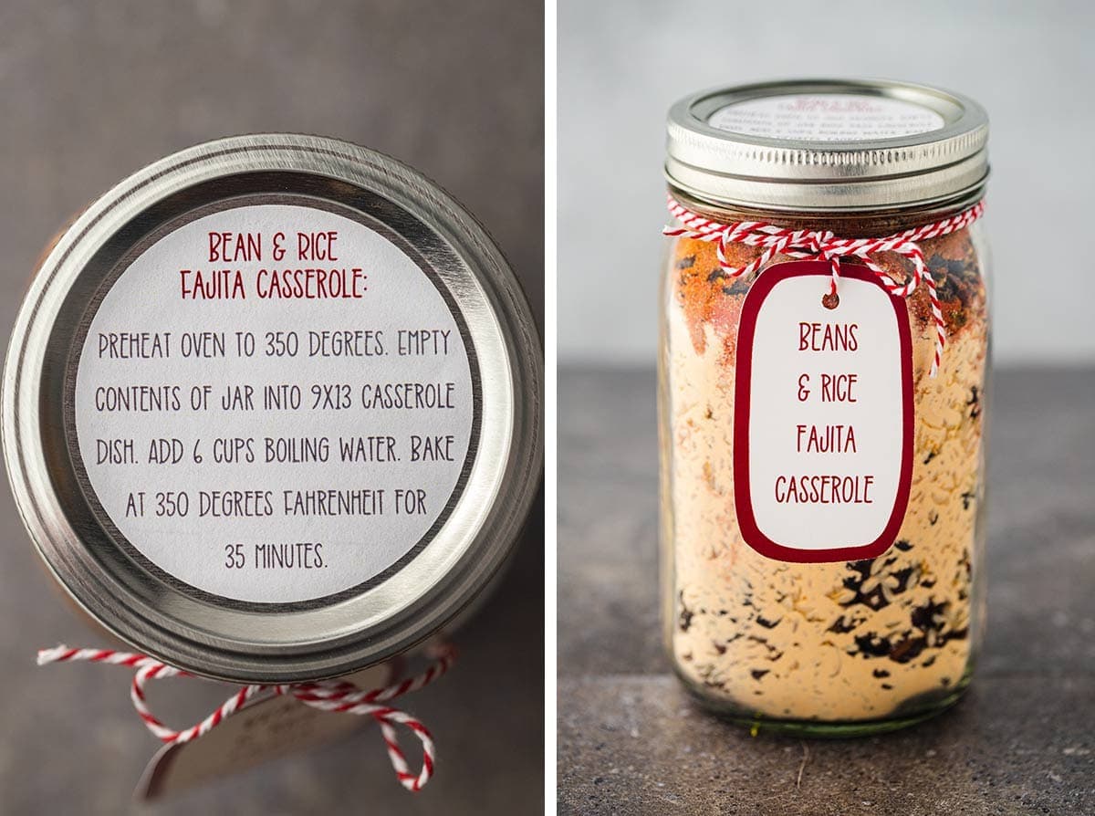 Close up shots of the instructions label and optional gift tag for the Bean & Rice Fajita Casserole Meal in a Jar