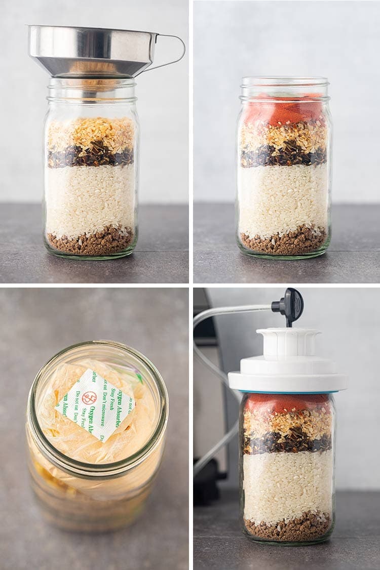 Collage showing process shots of how to make Beef Taco Rice Meal in a Jar.