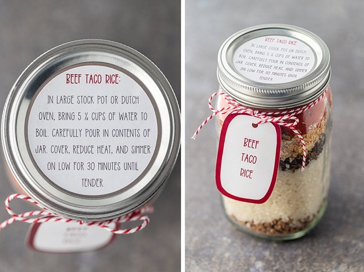 Collage of pictures showing the printable instruction label and optional gift tags for Beef Taco Rice Meal in a Jar.