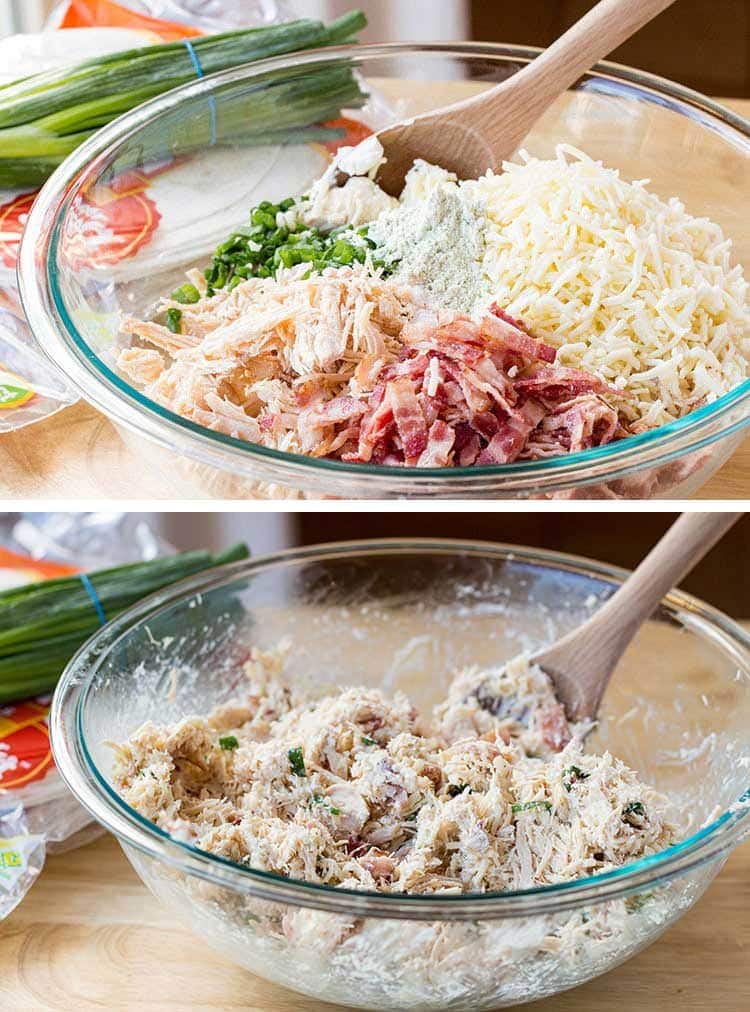 Two pictures showing how to mix the filling ingredients for Chicken Bacon Ranch Taquitos.