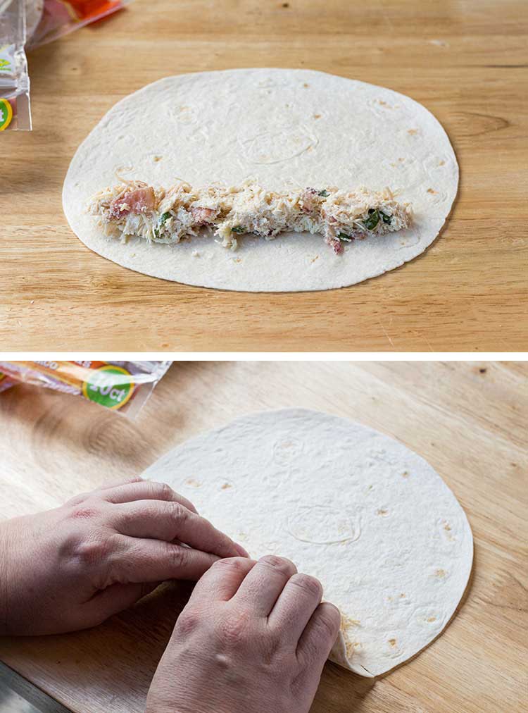 Two pictures showing how to spread filling on the tortilla and roll the Chicken Bacon Ranch Taquitos.