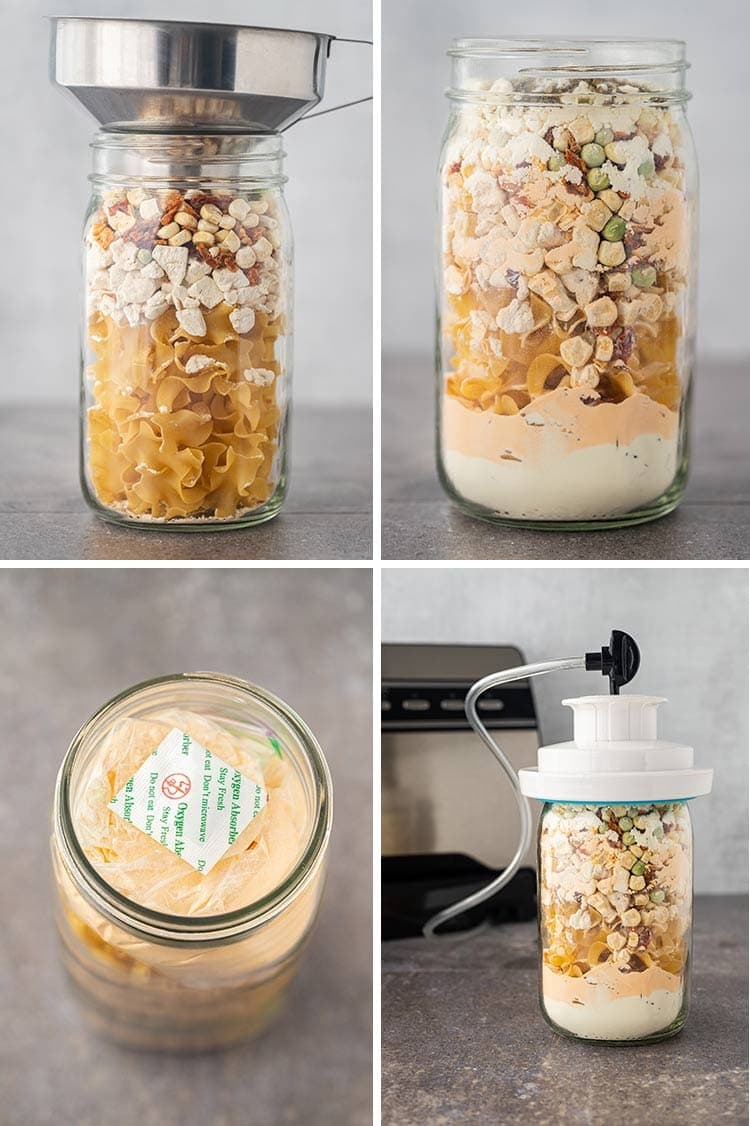 Collage of four photos showing the process for putting together the Chicken Noodle Skillet Meal in a Jar.