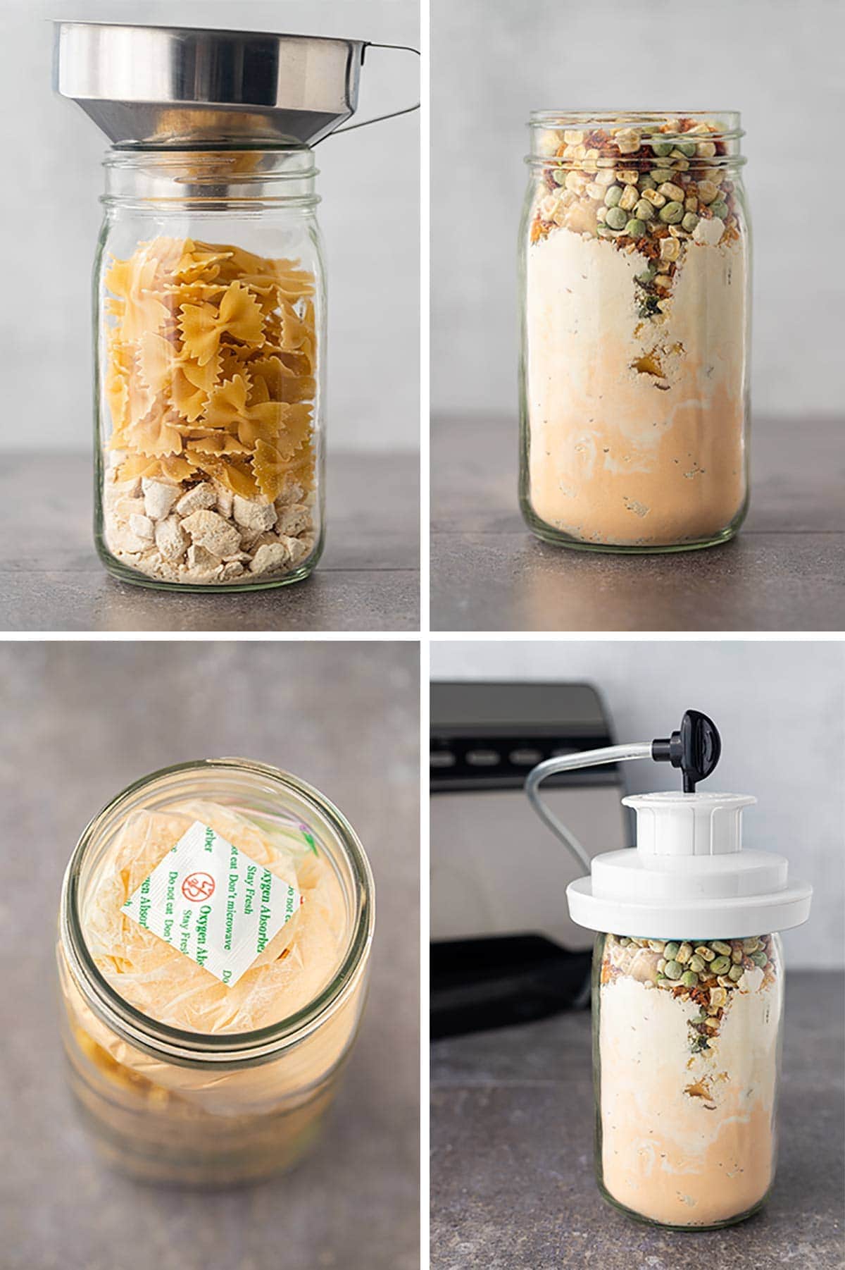 Collage of process steps showing how to fill the jar to make Creamy Chicken Veggie Casserole meal in a jar and seal effectively.