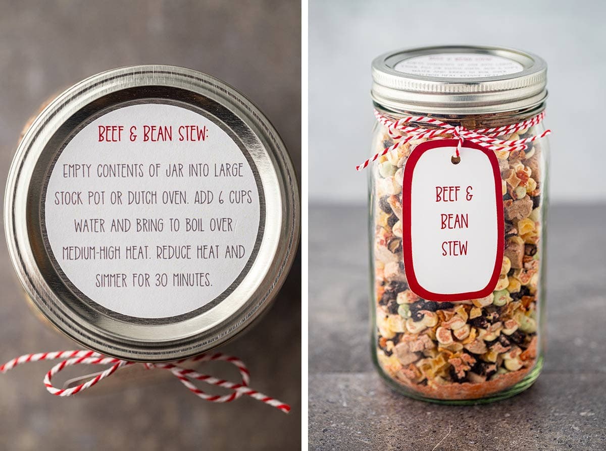 Collage of two photos showing the instruction label and gift tag option for the Beef And Bean Stew Meal in a Jar.
