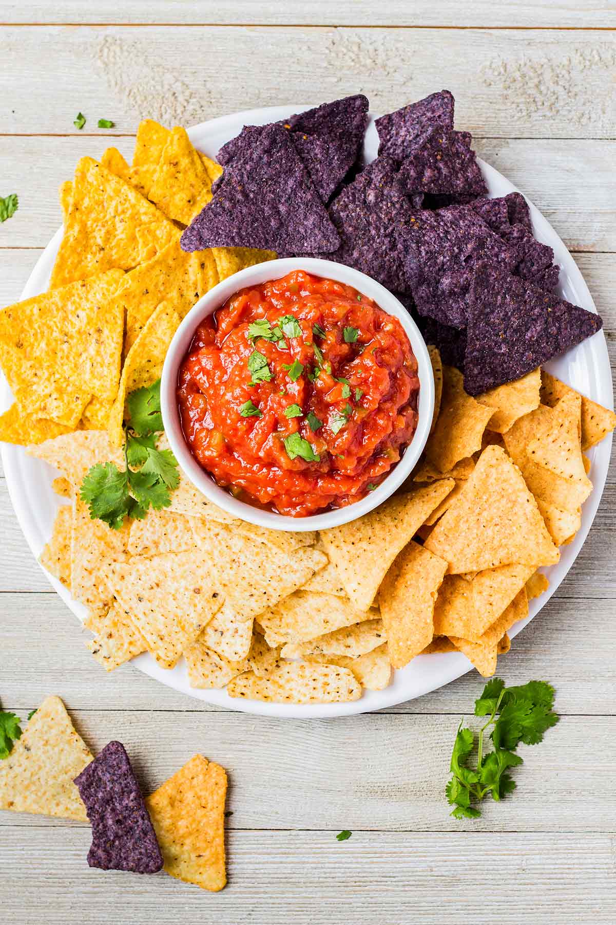 Overhead shot of a bowl of freezer salsa on a plate surrounded by tortilla chips.