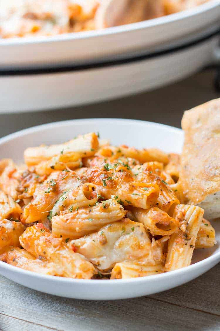 Baked Sausage & Cheese Rigatoni with bread