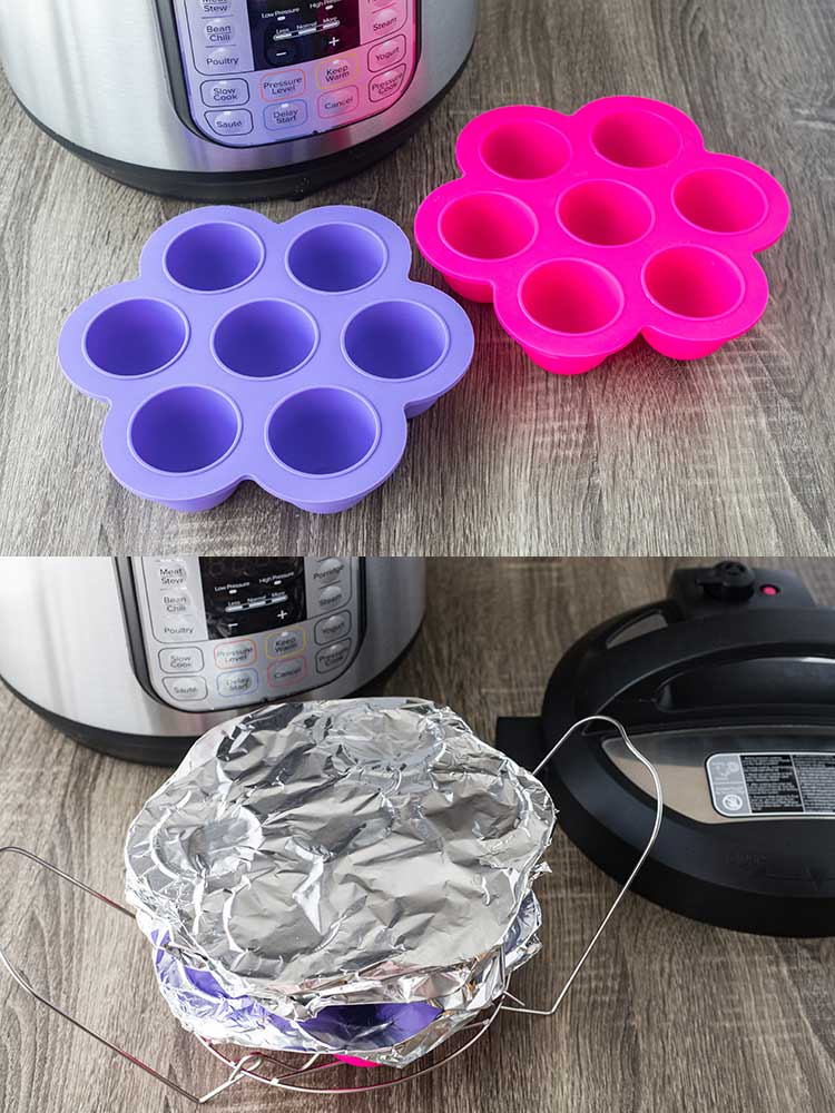 Silicone egg molds for making Instant Pot Caprese Egg Bites, and two of them covered in foil and stacked together ready to be put into the pressure cooker