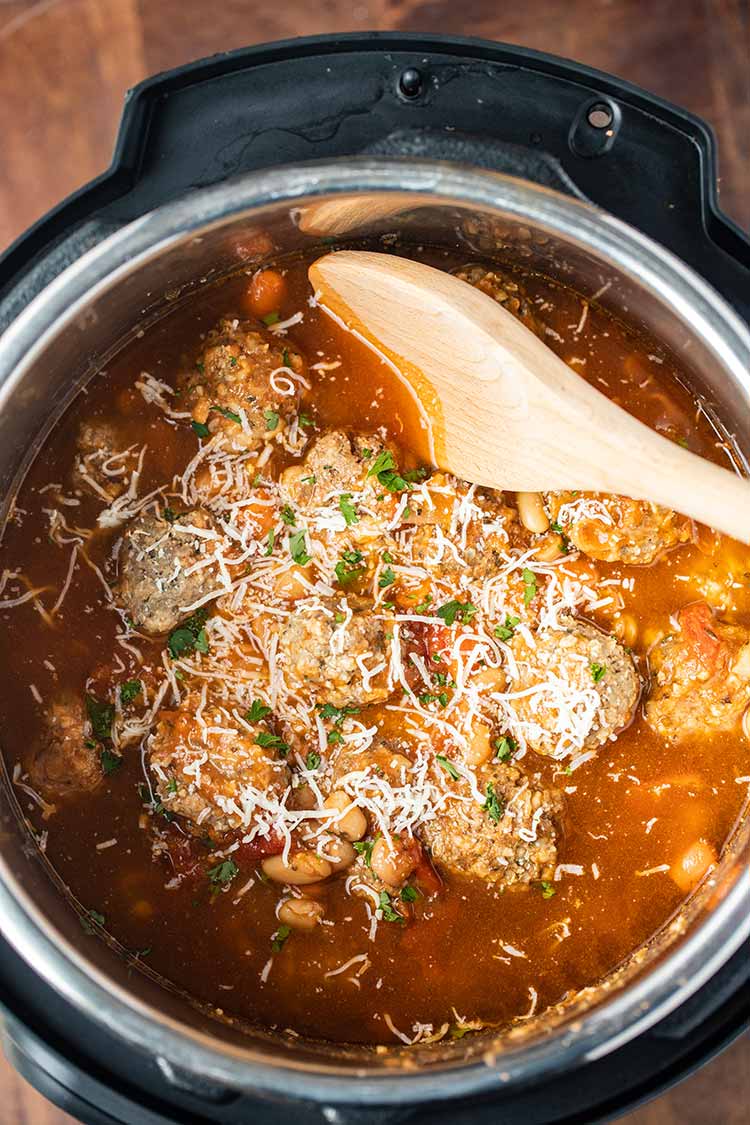 An overhead view of Instant Pot Meatball Soup as cooked in the pressure cooker