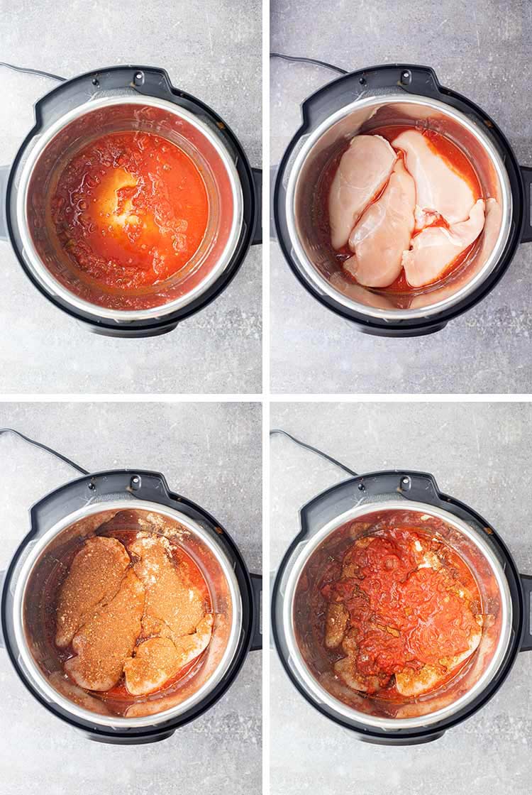 Overhead process shots showing how to layer ingredients for Instant Pot Salsa Chicken in the pressure cooker.