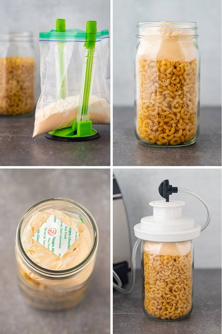 Collage of four photos showing the process steps for how to make Mac & Cheese Meal in a Jar.