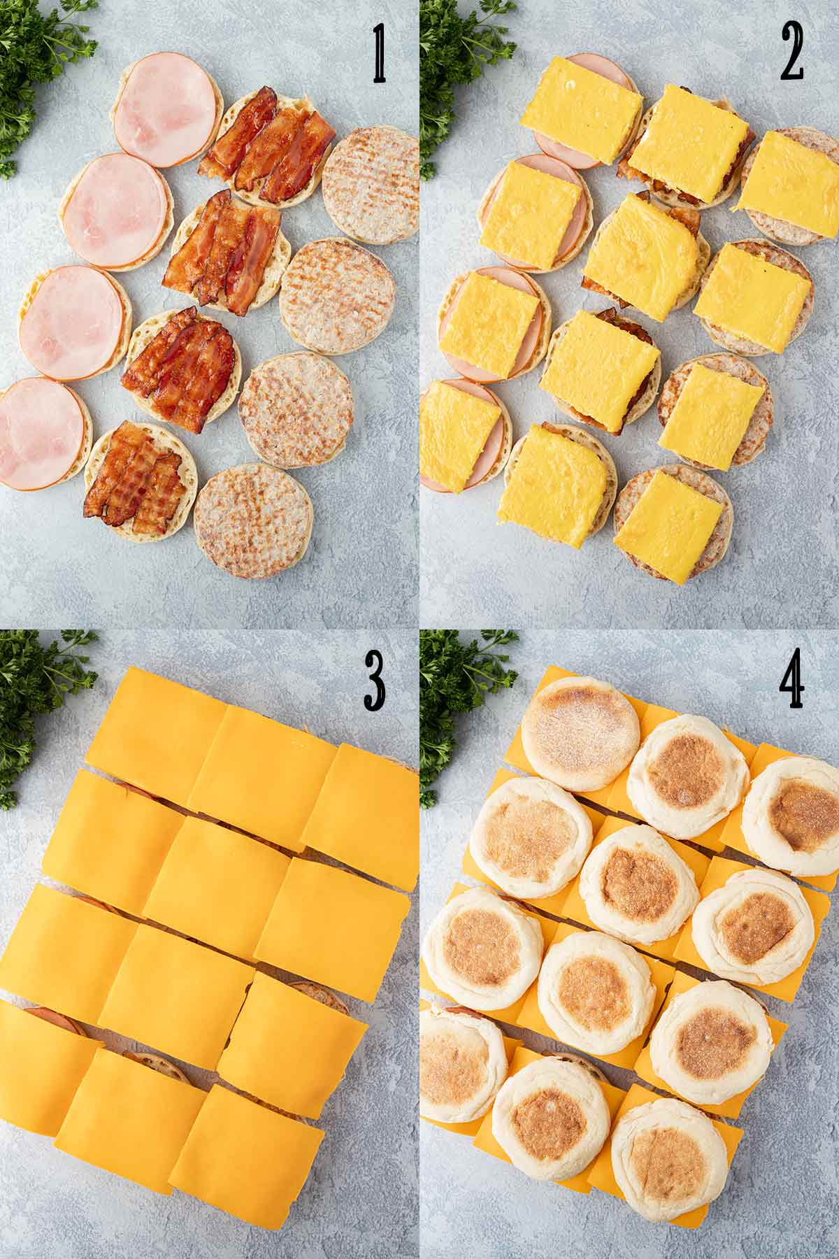Collage of four photos showing the steps needed to assemble the sandwiches, including adding the meat, then the eggs, then the cheese slices.