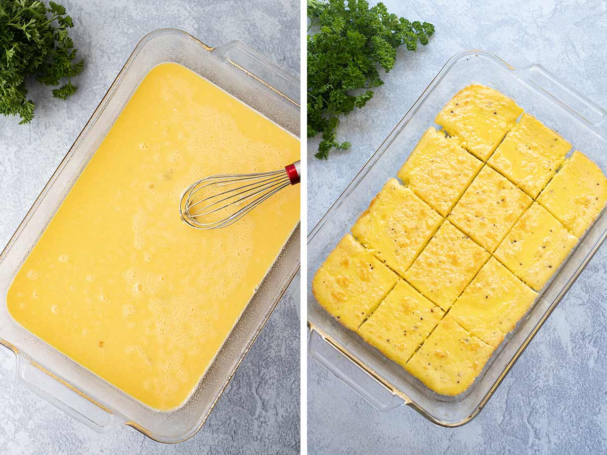 A collage of two photos side-by-side, the first showing how to mix the eggs and prepare in a baking dish, and the second showing the baked eggs cut and ready to go on the Freezer Breakfast Sandwiches.