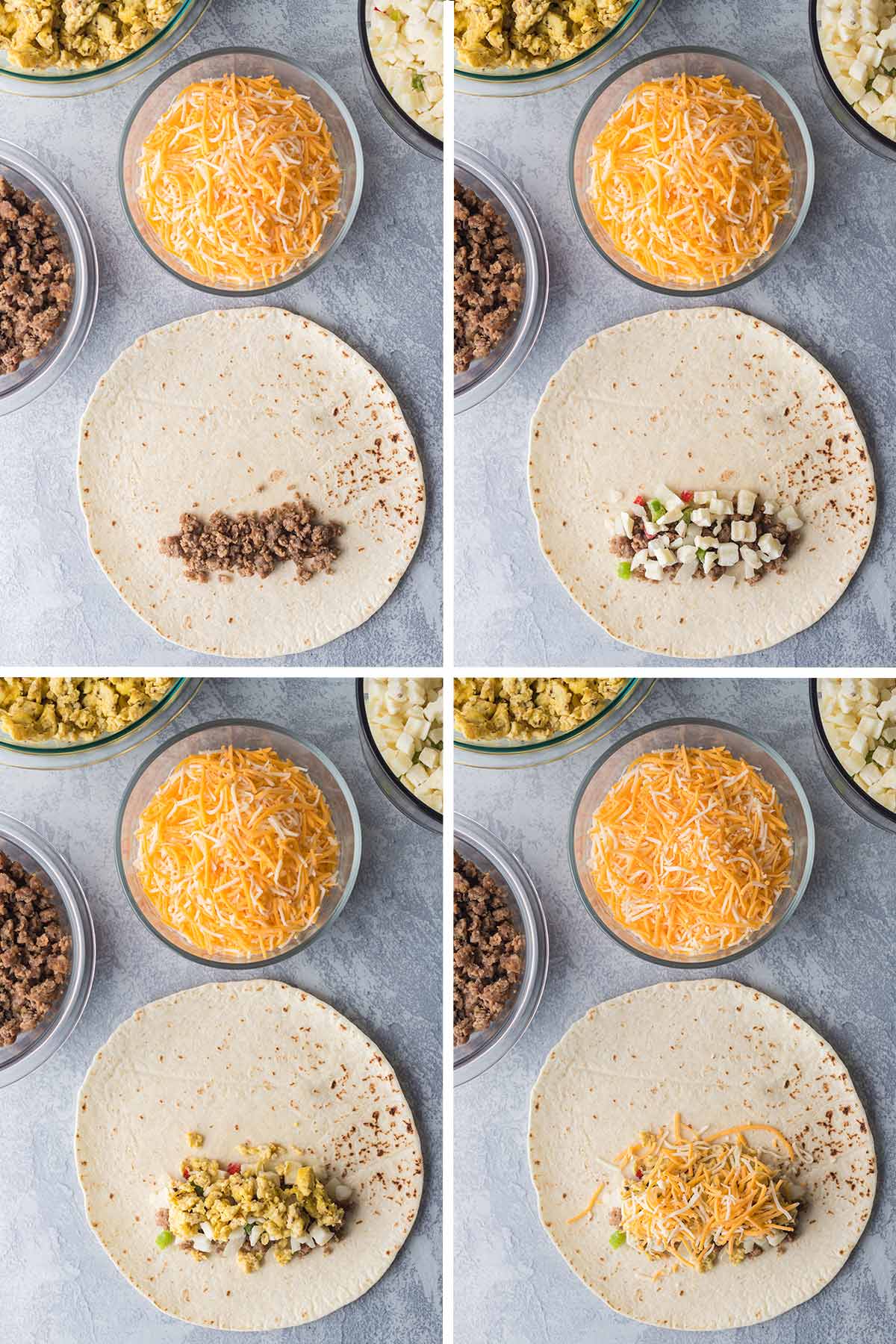 Collage of photos showing the steps of layering filling ingredients to make a freezer breakfast burrito.